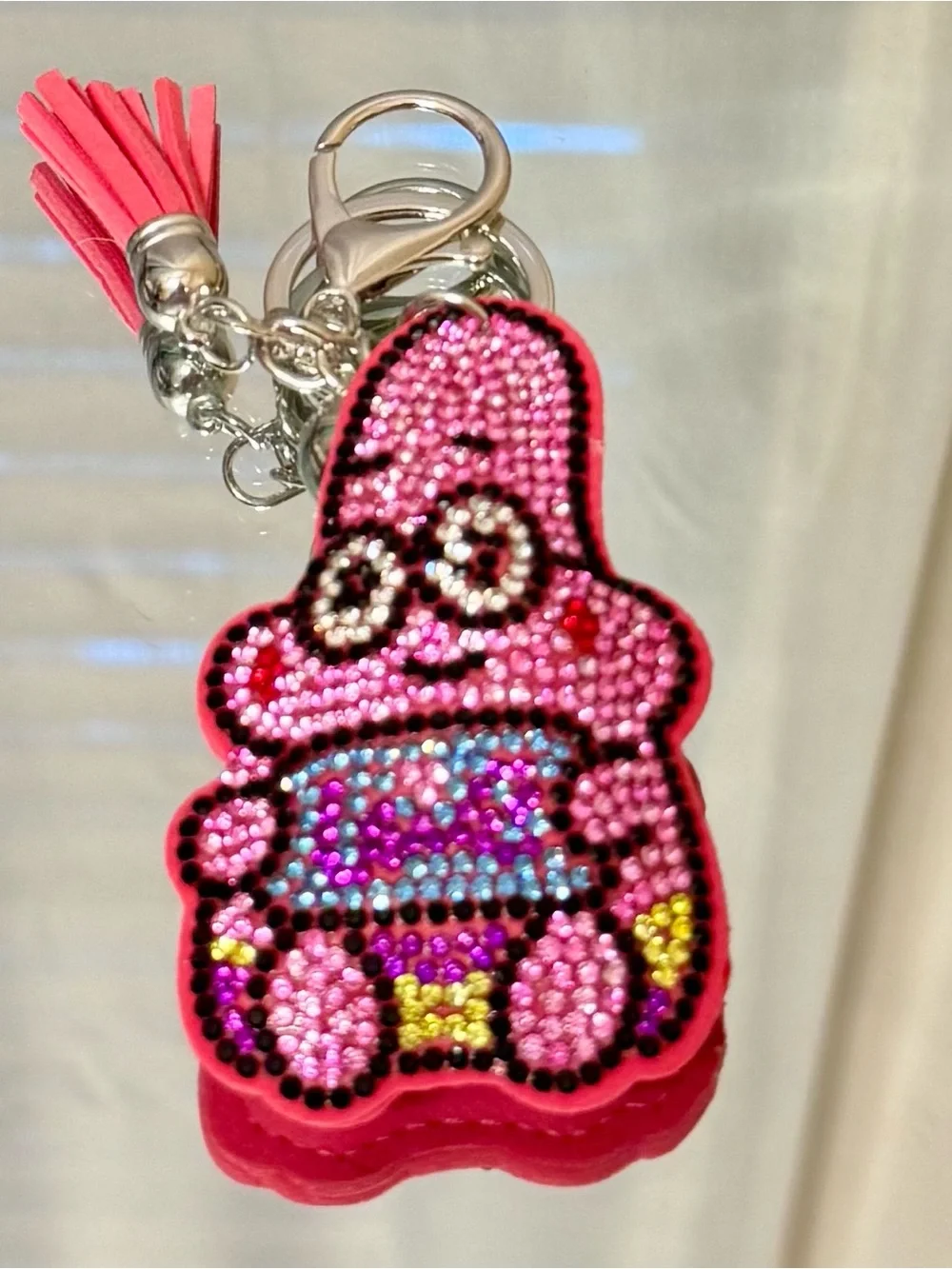 New Crystal-Embellished Pink Patrick Keychain  with Tassel